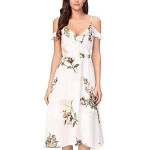 Women's Summer Floral Cold Shoulder Midi Dress 